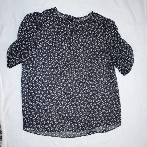 J. Crew Sheer Floral Blue & Gold Blouse Ruched Sleeves Short Sleeve Size Small - Picture 2 of 5